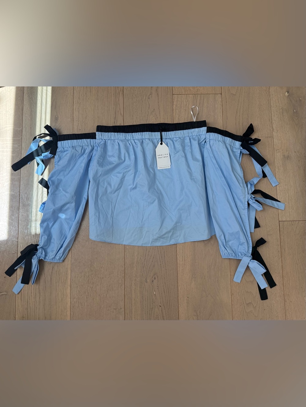 NWT English Factory Light Blue Off-Shoulder Tie Sleeve Top